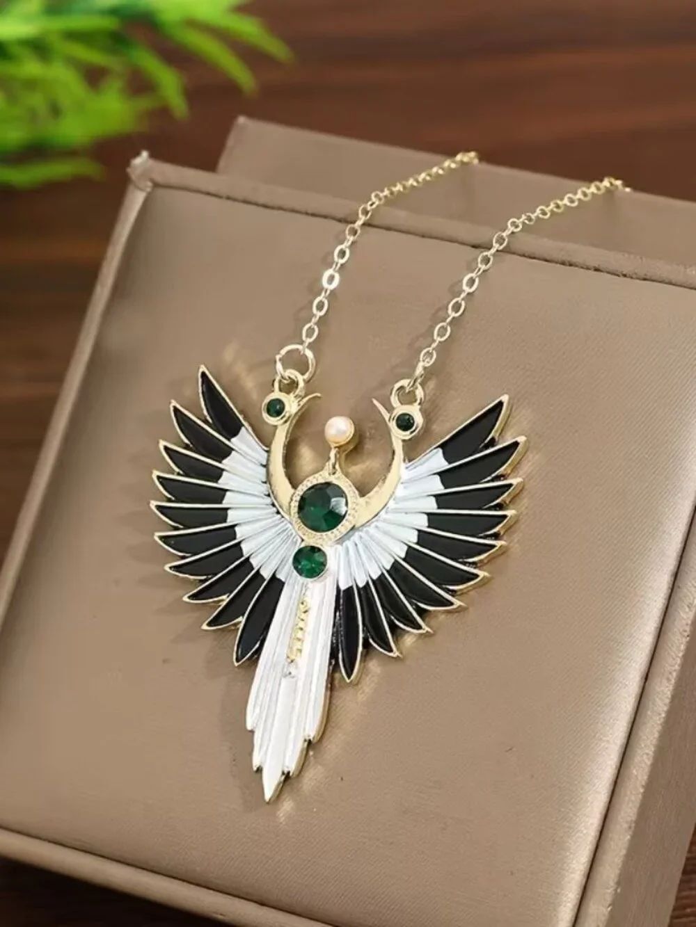 Halloween Gothic Angel Wing Necklace with Layered Emerald Pendant and Wings